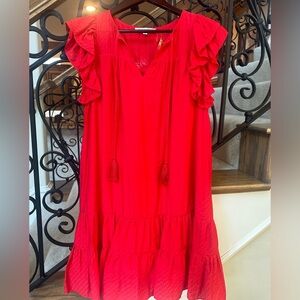 Women’s red fluffy sleeve dress, never worn!! Size medium